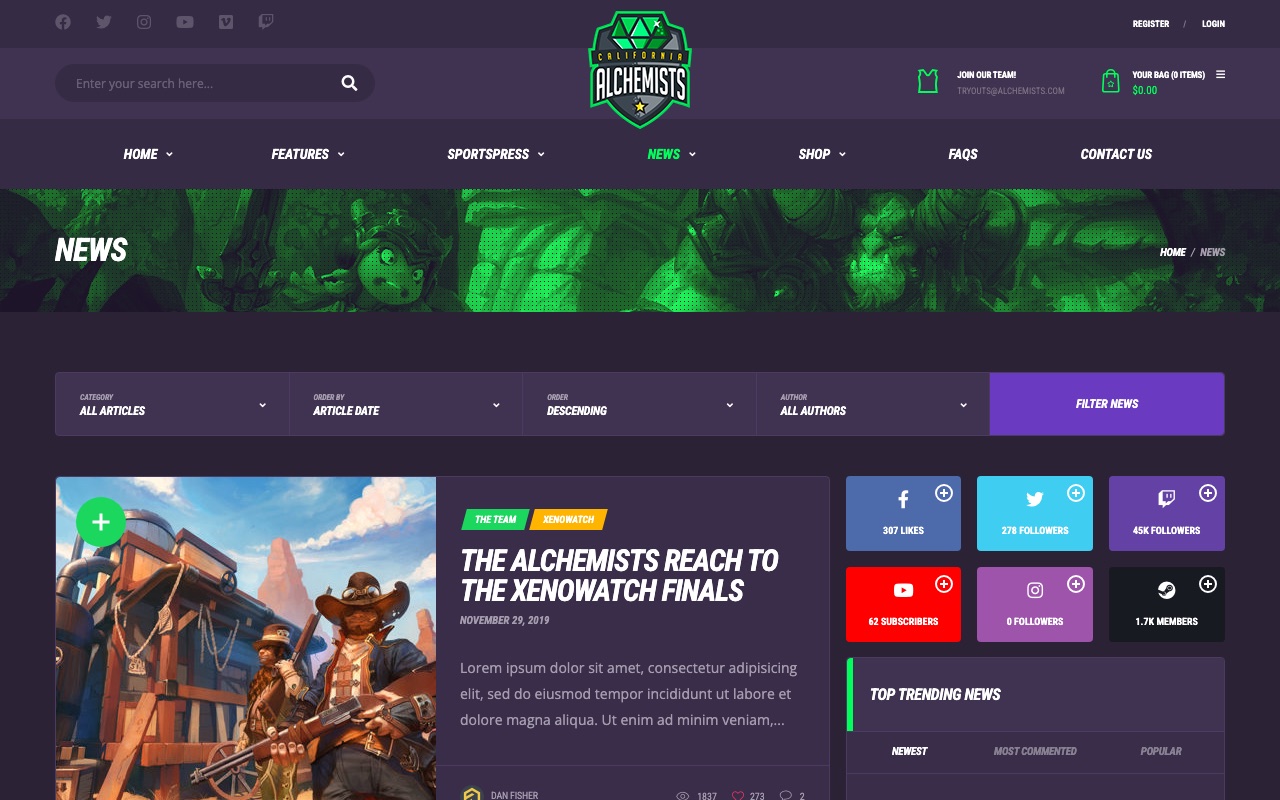 Alchemists eSports demo news page