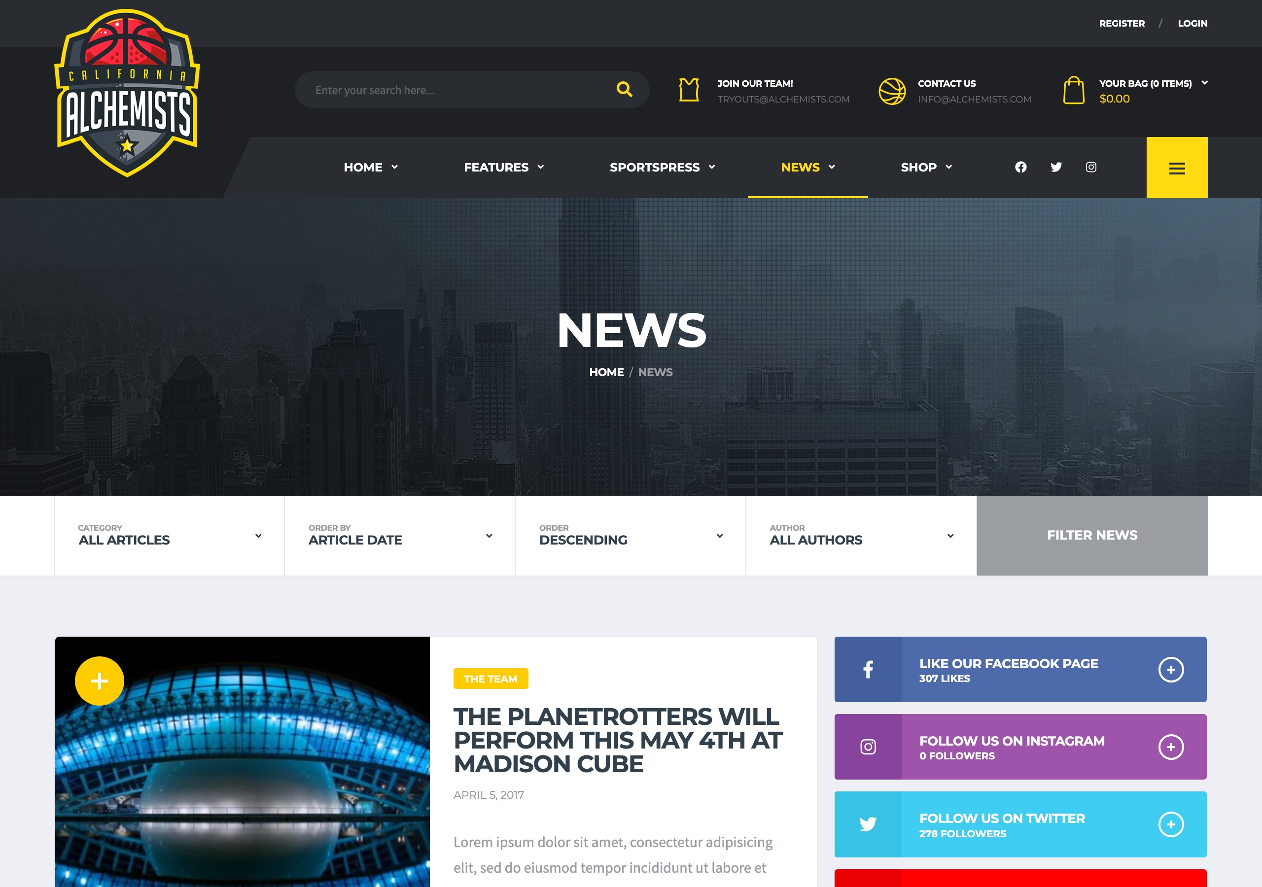 Alchemists news page with magazine layout