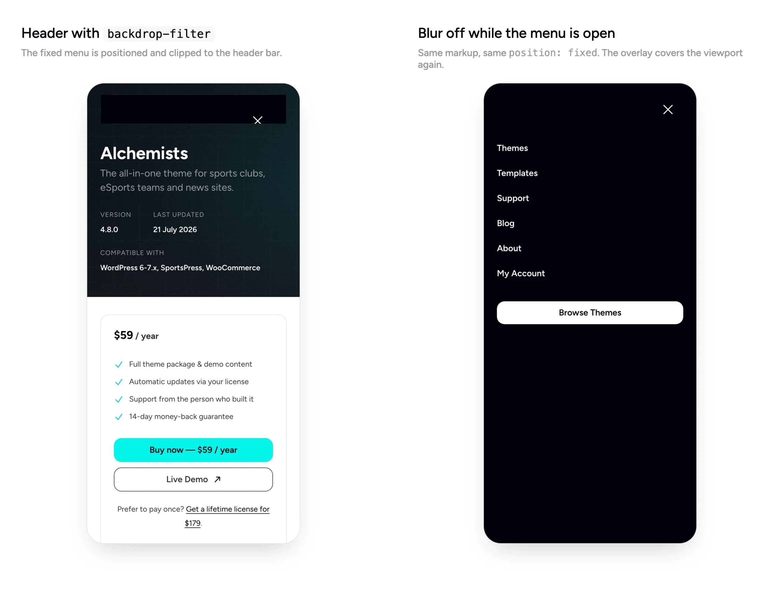 Two phone screenshots side by side. Left: with backdrop-filter on the header, the open mobile menu is squashed into a strip the height of the header bar, with the product page still visible below. Right: with the blur off while the menu is open, the same menu covers the whole screen.