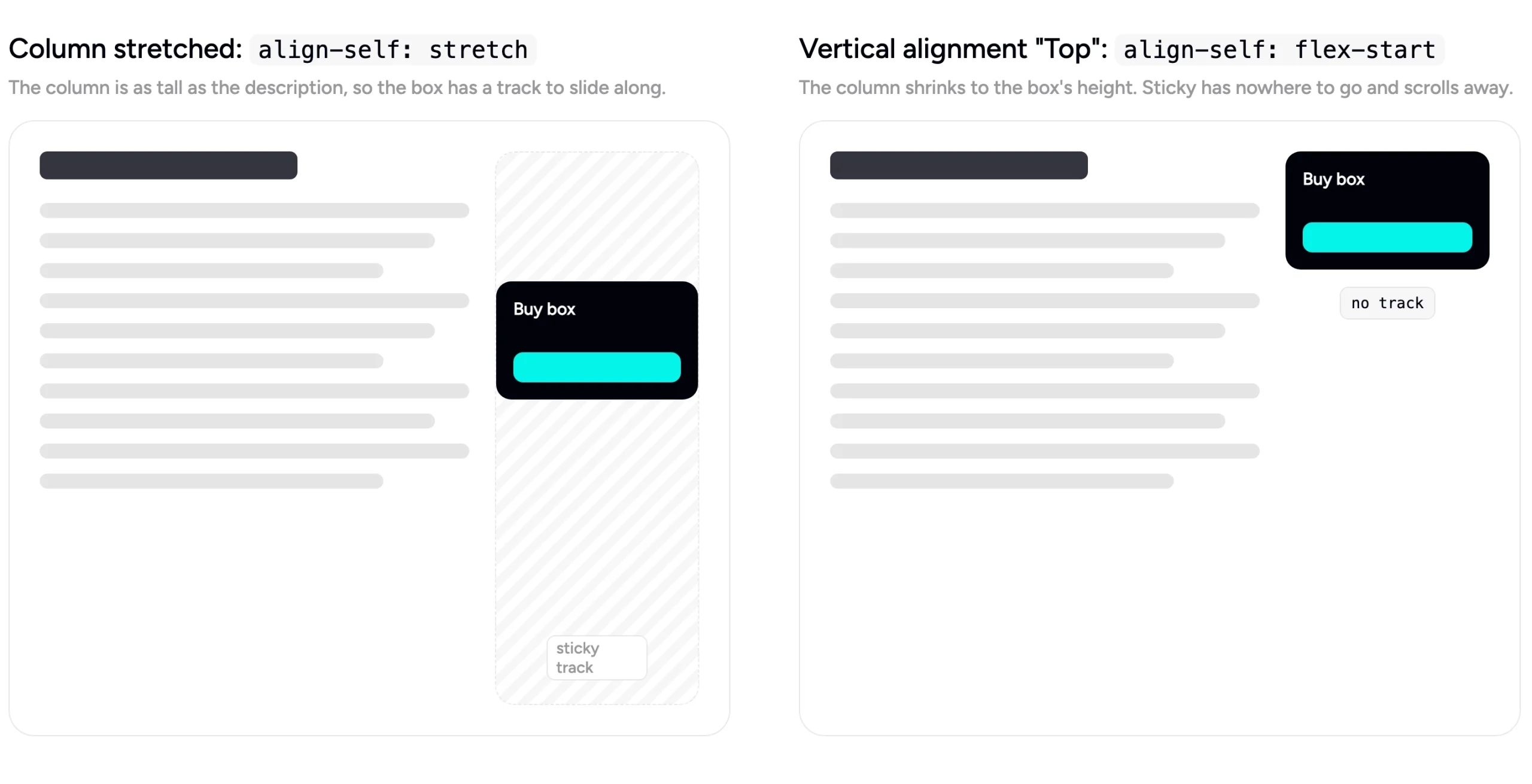 Two column layouts side by side: a stretched column gives the sticky buy box a track to slide along; a top-aligned column shrinks to the box's height, so the box scrolls away.