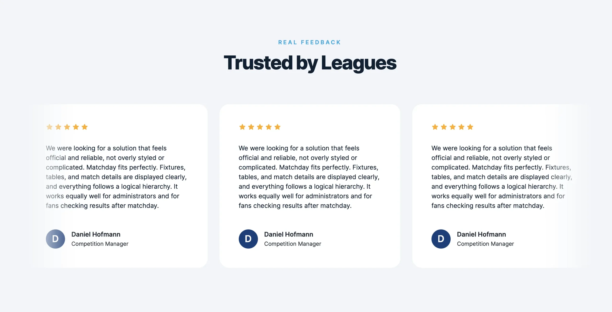 The same testimonials pattern in the WordPress.org preview with no plugins installed: the star ratings render as core Icon blocks and there is no notice.
