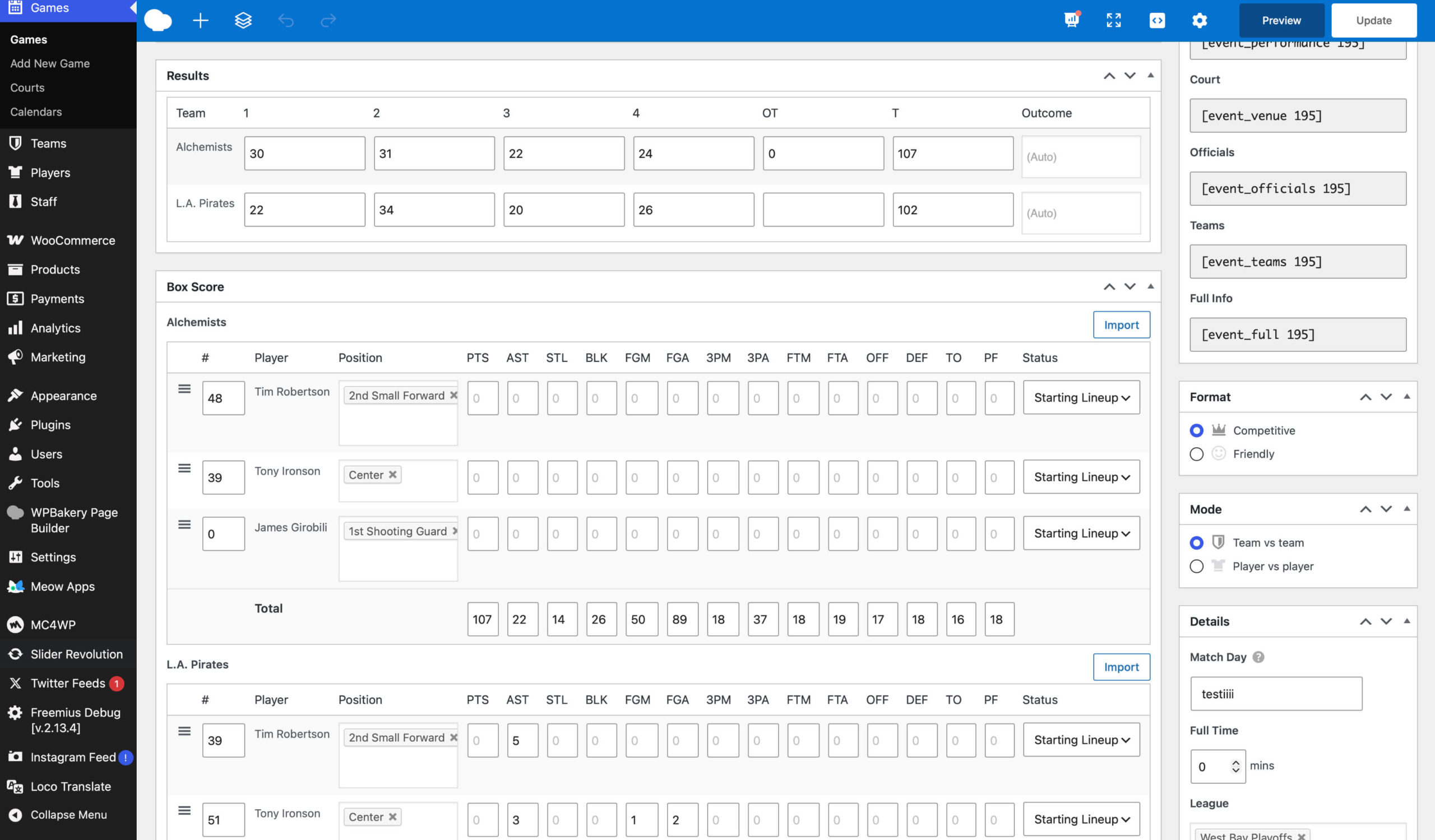 Event results box score