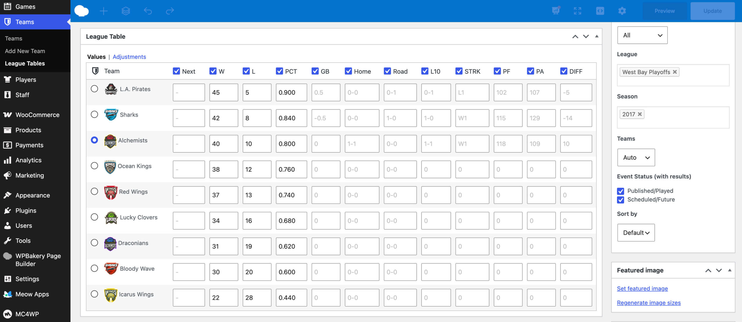 League table details auto