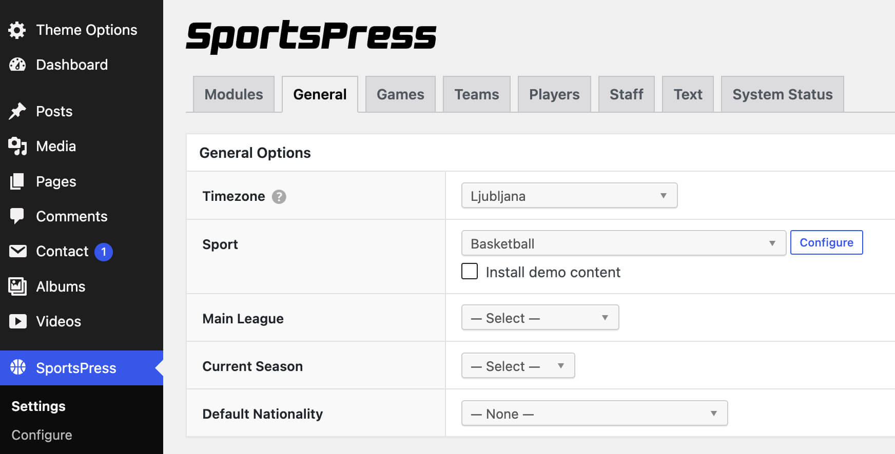 SportsPress Settings, General tab, with Basketball selected as the sport