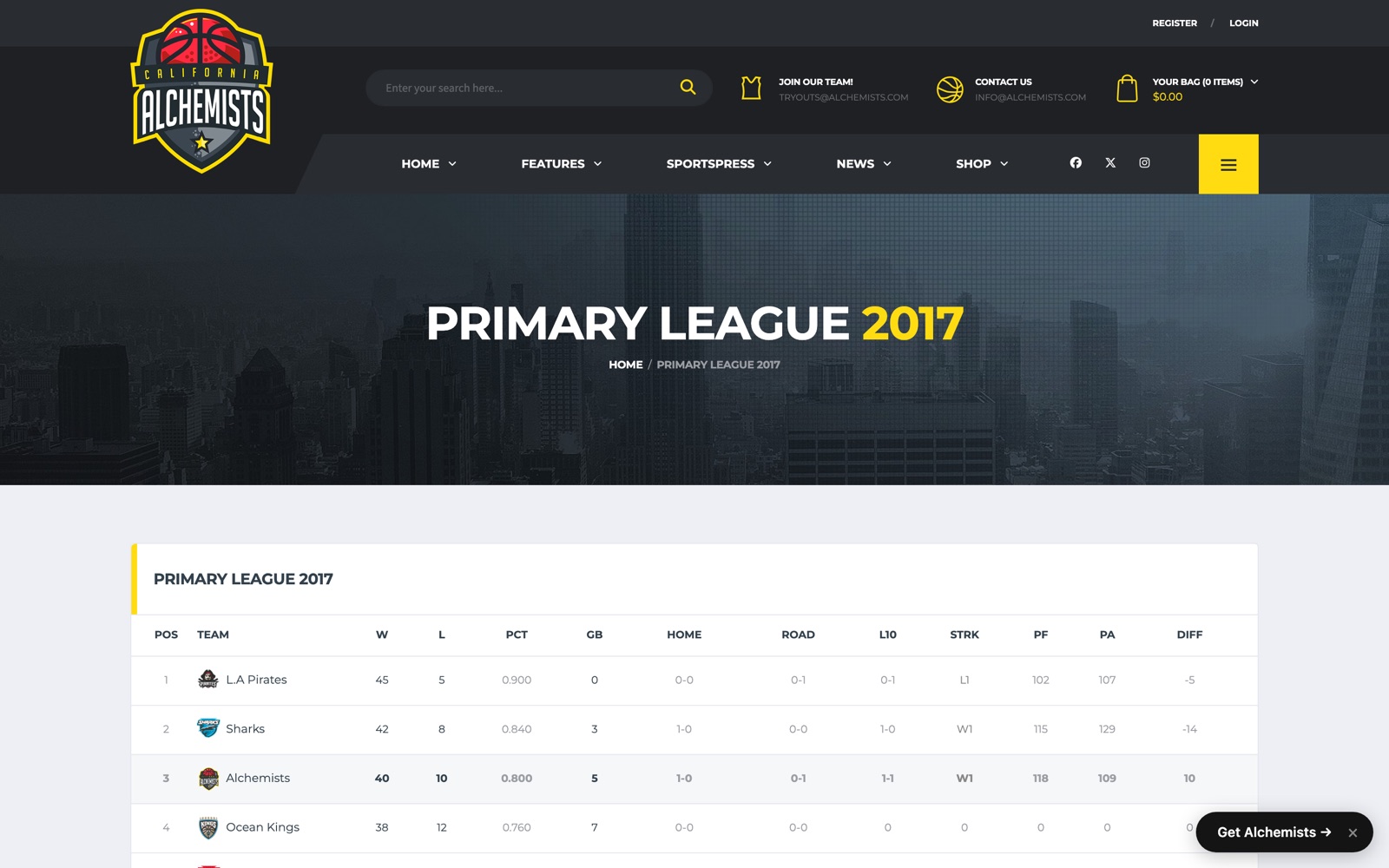Sportspress league table standings