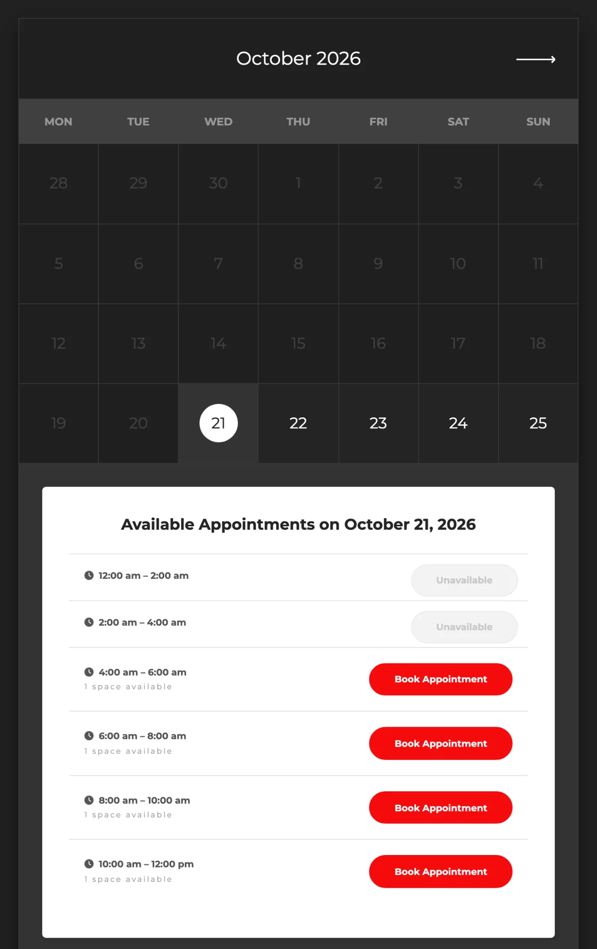 Booking calendar for October with one day selected and a list of time slots below it, two unavailable and four with a Book Appointment button