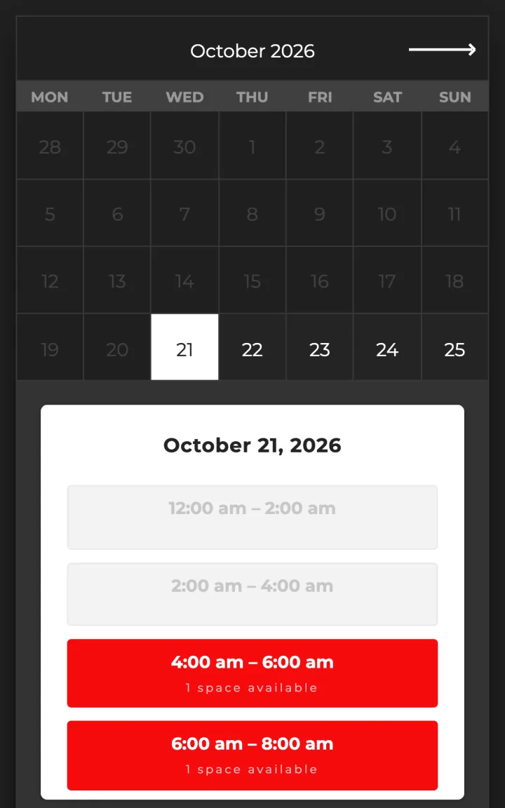 The same booking calendar on a phone screen, with large buttons for each available time slot