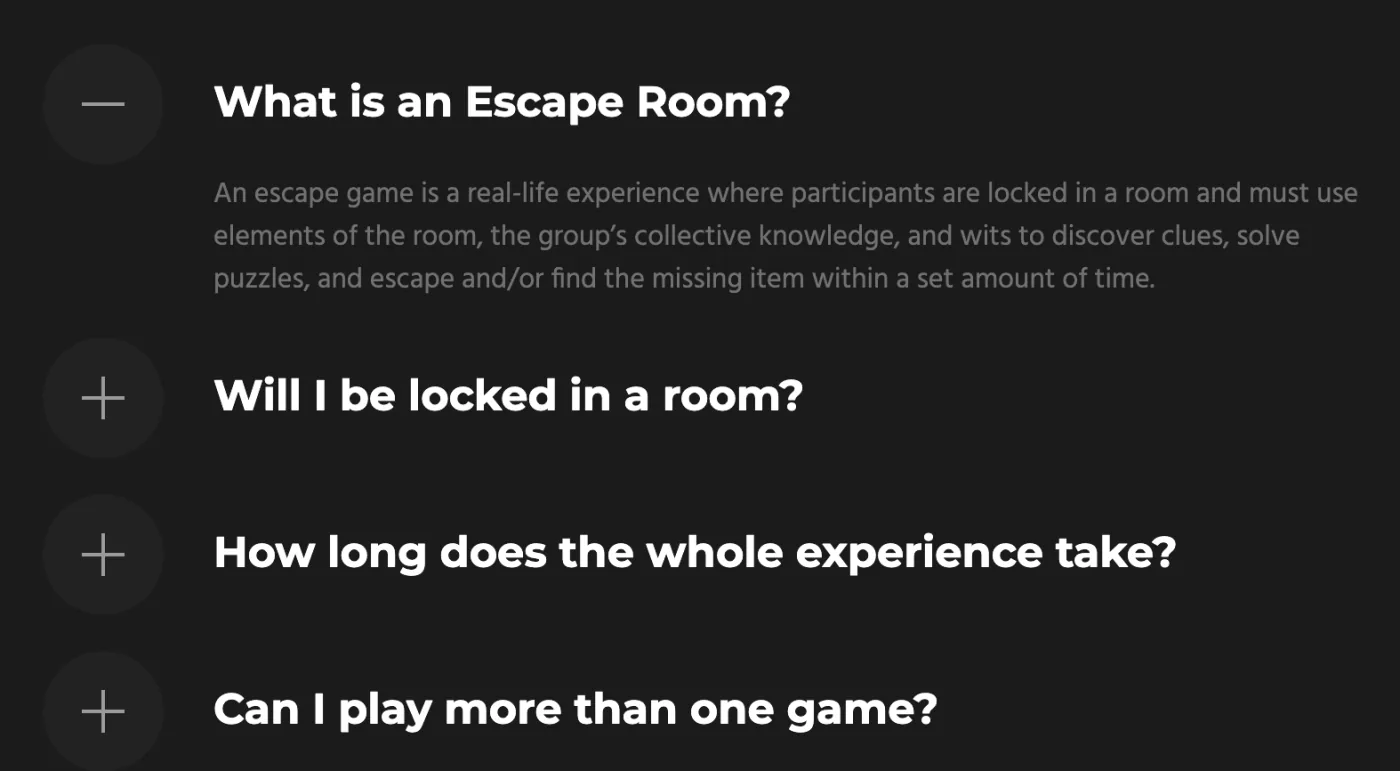 FAQ section with the question What is an Escape Room open and three more questions collapsed below it