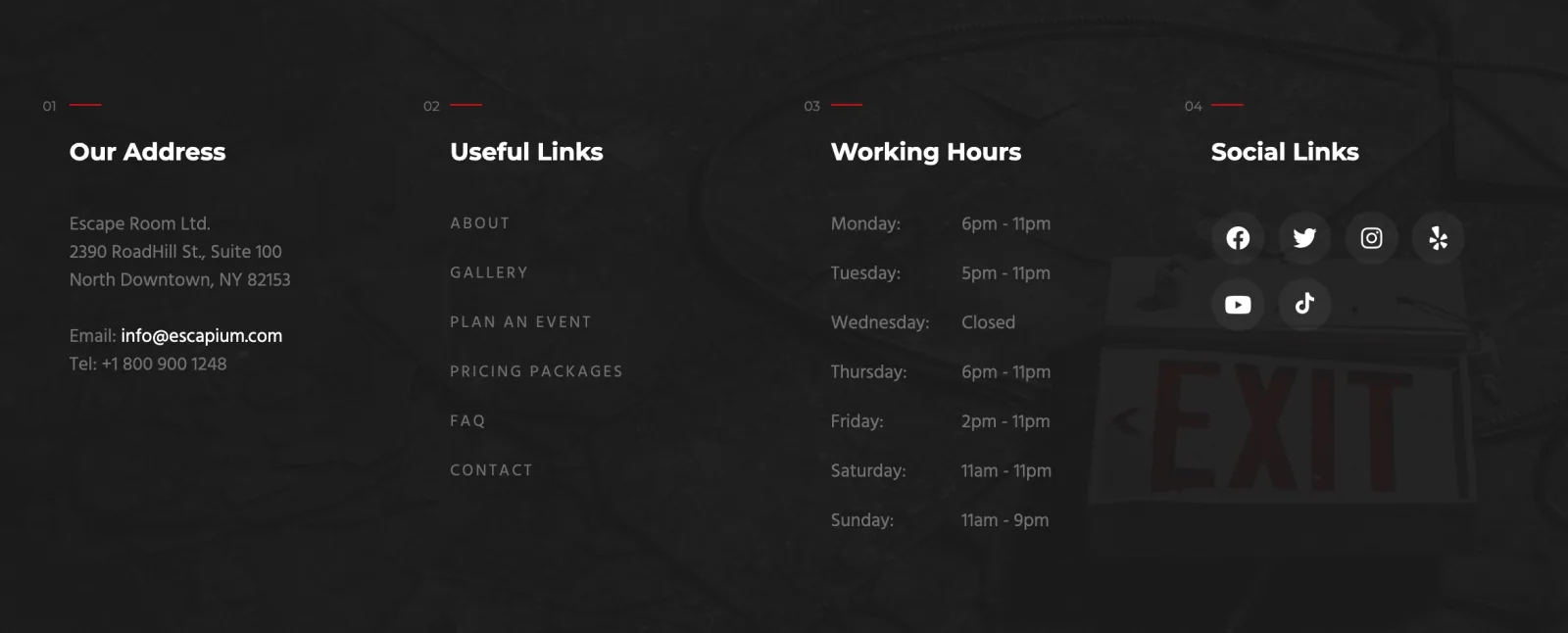 Website footer with four columns: the address with email and phone, useful links, working hours for each day of the week and social media icons