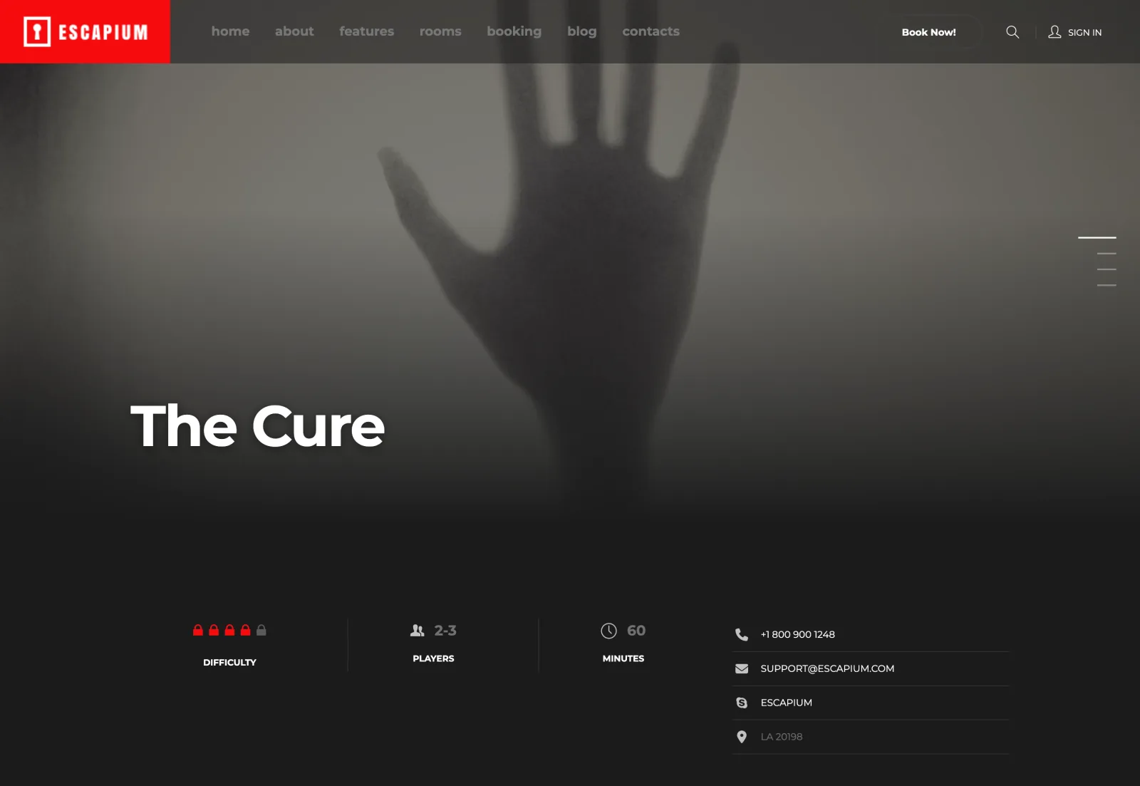Escape room page for The Cure with a large photo, a difficulty rating of four locks, 2-3 players, 60 minutes and the contact details next to them