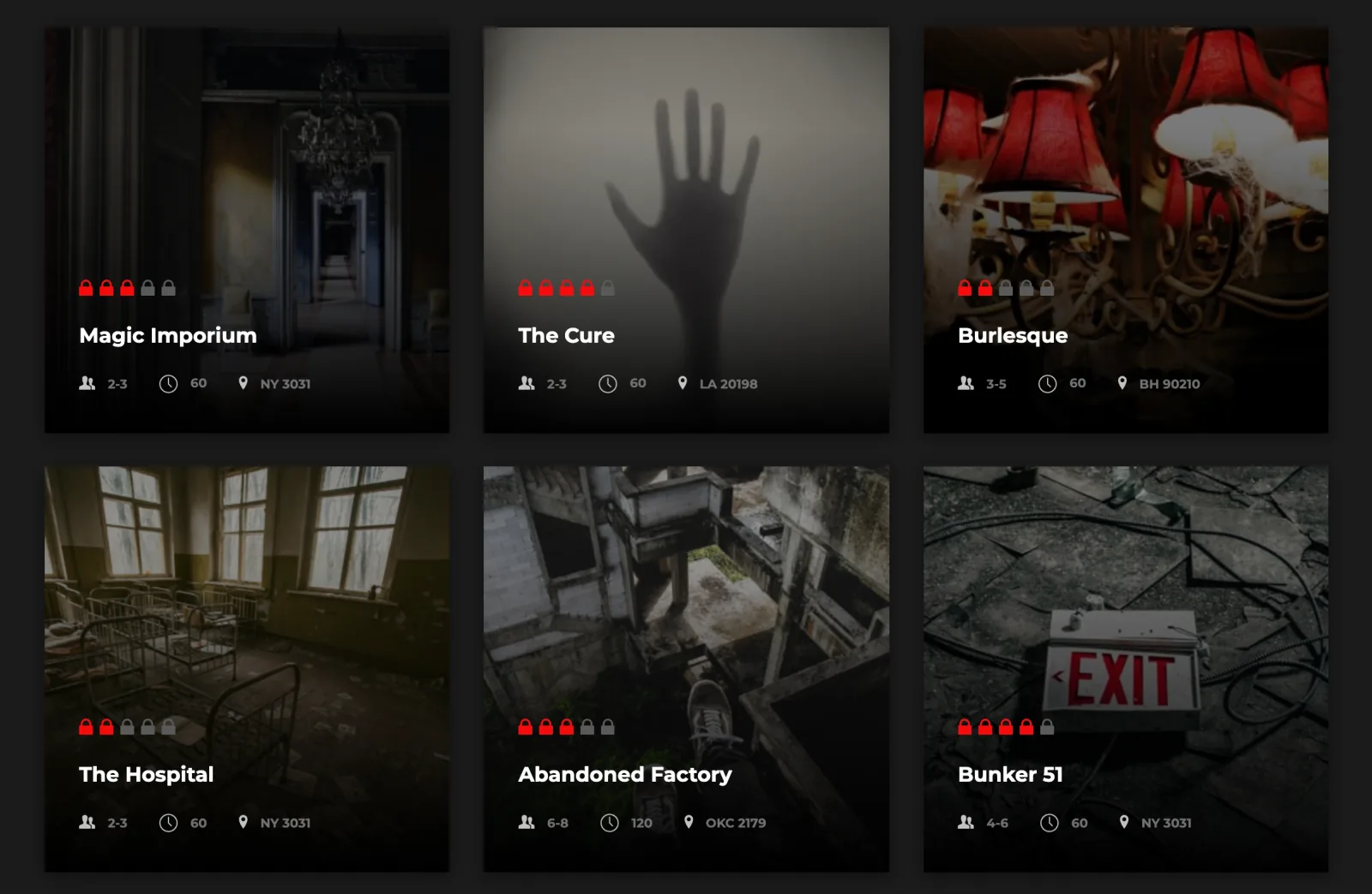 Grid of six escape rooms, each card showing the difficulty in locks, the room name, the number of players, the minutes and the location