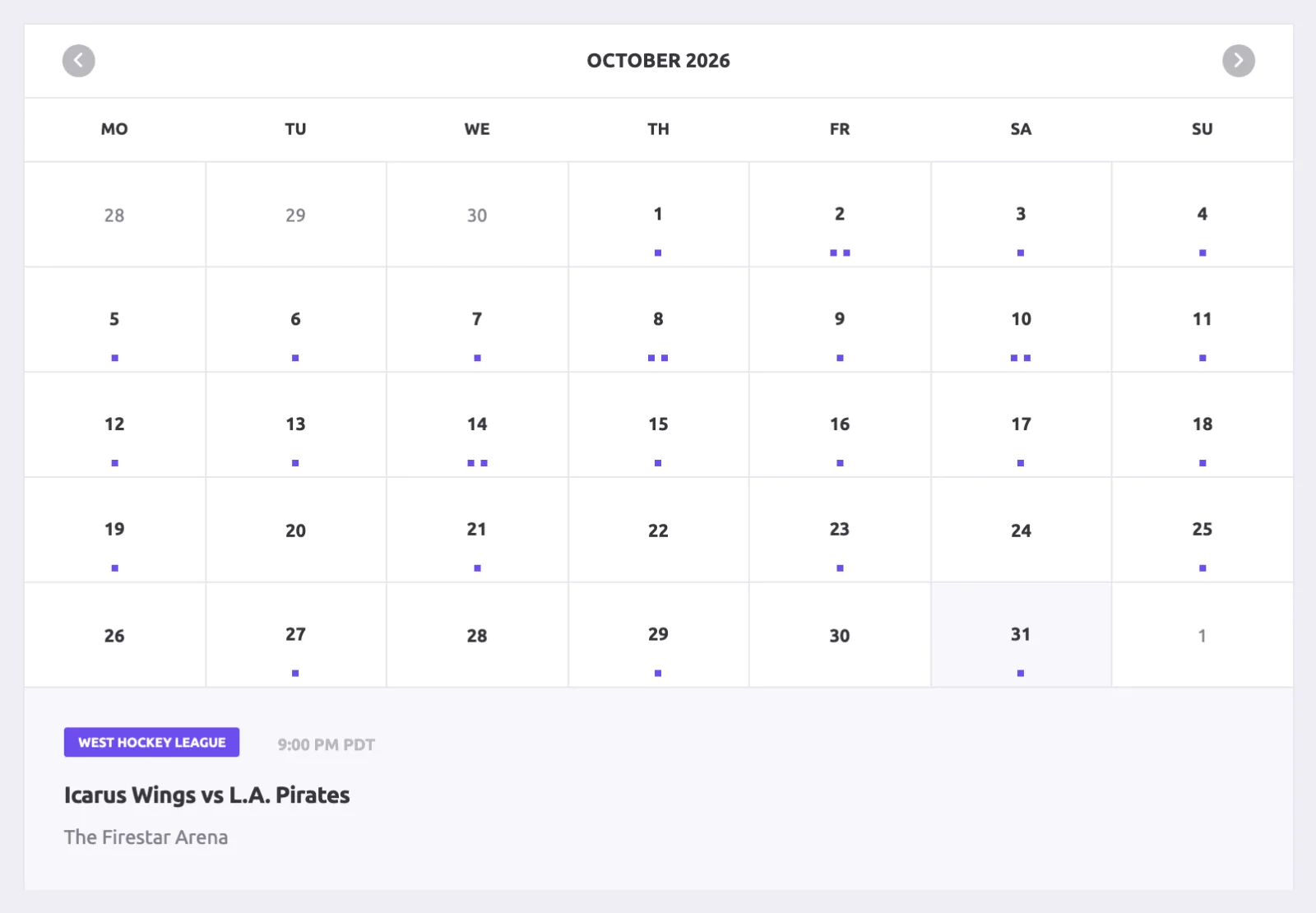 Fixtures and results calendar for October 2026 with a dot on each game day and one game listed below it: Icarus Wings vs L.A. Pirates at 9:00 PM at The Firestar Arena