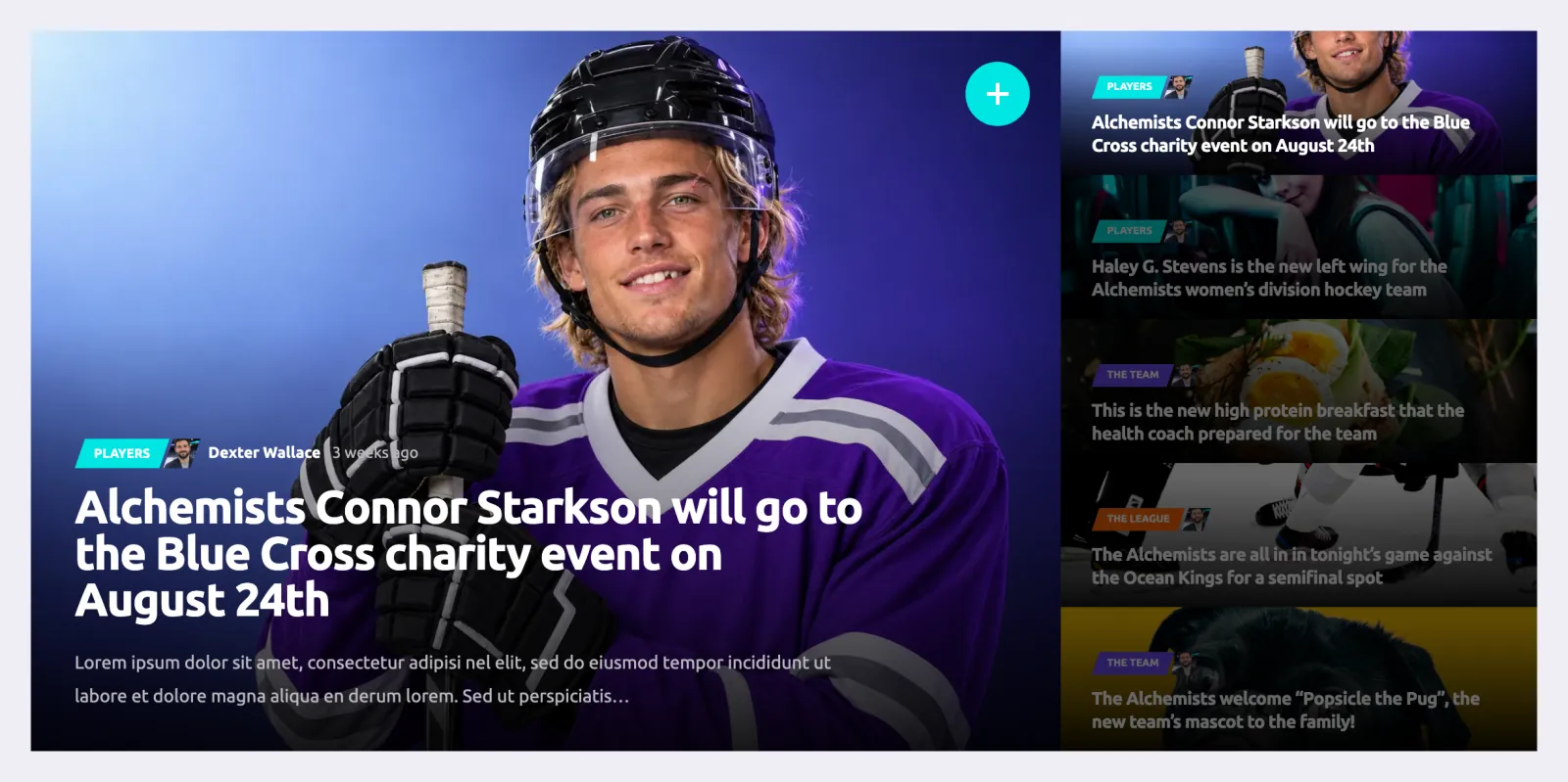News slider on the hockey demo home page with a large story about a player at a charity event and five more headlines in a column next to it, each with a category label