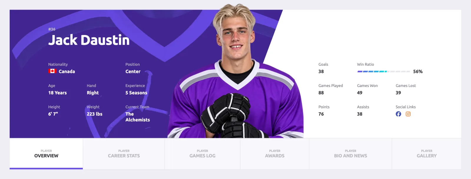 Player page for Jack Daustin, number 36, a center from Canada, with his profile on the left, a photo in the middle, his goals, points and games on the right, and tabs for career stats, games log, awards, bio and news and gallery