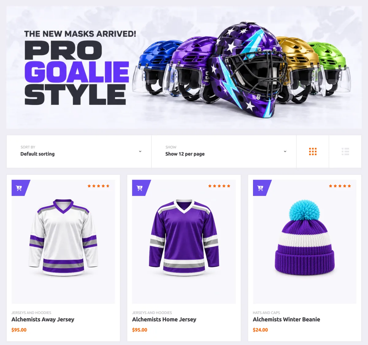 Club shop with a Pro Goalie Style banner of goalie masks above three products: an away jersey, a home jersey and a winter beanie with their prices